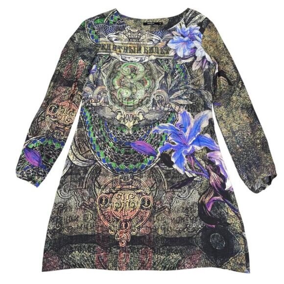 DESIGUAL Raul Gothic Theme Long Sleeve Shift Mini Dress Sz Small Lined - Picture 5 of 10